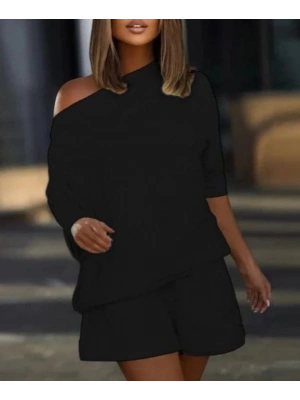 Kadın Kayık Yaka Salaş Iki Iplik Bluz Ve şort Ikili Takım