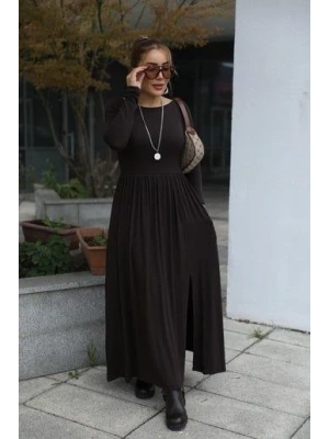 Kadın Kayık Yaka Sırt Dekoltesi Ve Yırtmaç Detay Maxi Boy Elbise