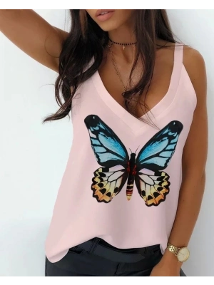 Kadın Kelebek Baskılı Sandy Kumaş Askılı Bluz