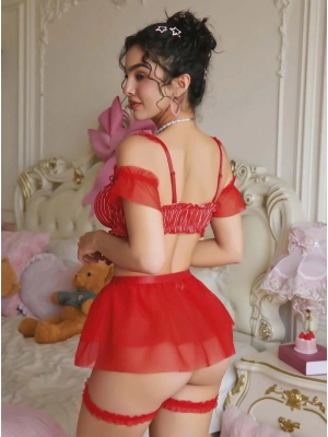 Kadın kırmızı Fantezi Kostüm kolları tül detaylı Fırfırlı 2186