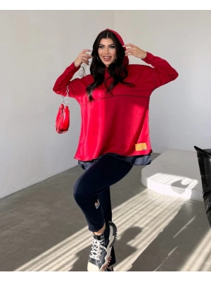 Kadın Kırmızı Kapşonlu Etek Ucu Detay Arma Ters Dikiş Gorunumlu Ikili Takım