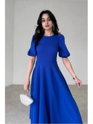 Kadın Kısa Balon Kollu Bisiklet Yaka Geniş Kesim Janjan Krep Elbise