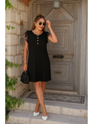 Kadın Kısa Dantel Kollu önden Düğmeli Viskon Elbise