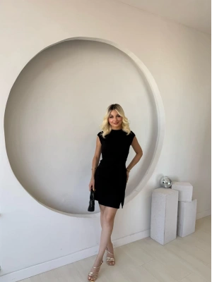 Kadın Kısa Kap Kollu Bisiklet Yaka Belden Bağlamalı Modal Mini Elbise