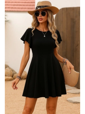 Kadın Kısa Kelebek Kollu Bisiklet Yaka Janjan Krep Elbise