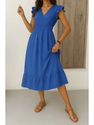 Kadın Kısa Kelebek Kollu Kruvaze Yakalı Beli Lastikli Aerobin Elbise