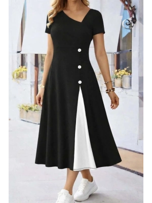 Kadın Kısa Kollu Asimetrik Yakalı Düğme Detaylı Midi Viskon Elbise