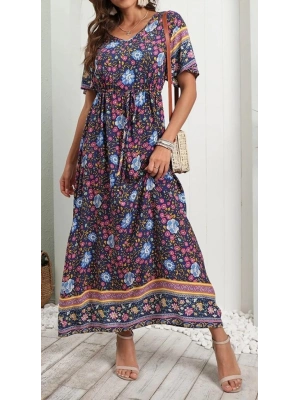 Kadın Kısa Kollu Beli Lastikli çiçek Desen Tam Boy Elbise