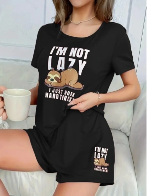 Kadın Kısa Kollu Bisiklet Yaka Baskılı Viskon Bluz Ve şort Ikili Takım