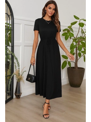 Kadın Kısa Kollu Bisiklet Yaka Belden Bağlamalı önü Bağcık Detaylı Maksi Boy Viskon Elbise