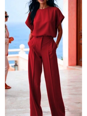 Kadın Kısa Kollu Bisiklet Yaka Bluz Yüksek Bel Cep Detaylı Pantolon Atlas Ikili Takım