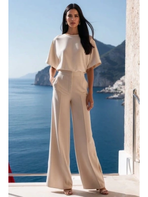 Kadın Kısa Kollu Bisiklet Yaka Bluz Yüksek Bel Cep Detaylı Pantolon Atlas Ikili Takım