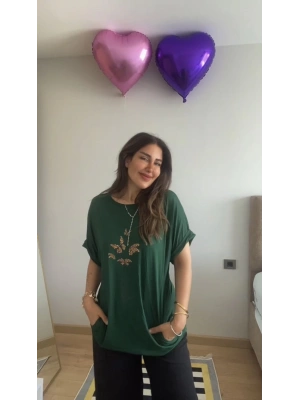 Kadın Kısa Kollu Bisiklet Yaka Cepli Kelebek Baskılı Viskon Elbise