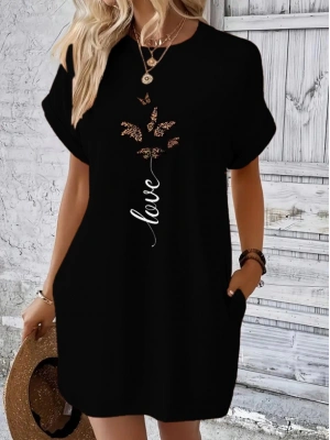 Kadın Kısa Kollu Bisiklet Yaka Cepli Kelebek Baskılı Viskon Elbise