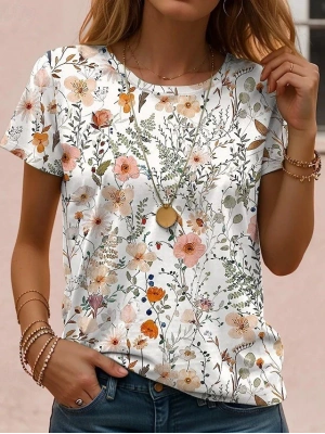 Kadın Kısa Kollu Bisiklet Yaka çiçek Desenli Viskon Bluz
