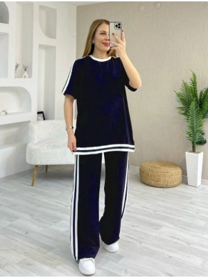 Kadın Kısa Kollu Bisiklet Yaka çift Renk şerit Detaylı Viskon Iki Iplik Bluz Ve Pantolon Ikili Takım