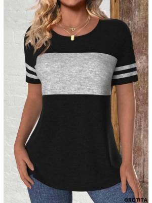Kadın Kısa Kollu Bisiklet Yaka çift Renkli Viskon Bluz