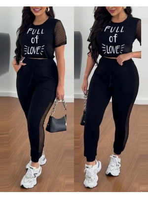 Kadın Kısa Kollu Bisiklet Yaka File Detaylı Viskon Iki Iplik Krop Ve Eşofman Altı Ikili Takım