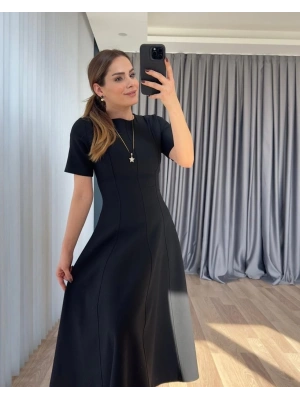 Kadın Kısa Kollu Bisiklet Yaka Maksi Boy Ithal Krep Elbise