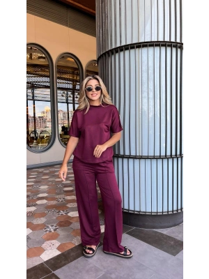 Kadın Kısa Kollu Bisiklet Yaka Omuzdan Düğmeli Viskon Iki Iplik Kısa Bluz Ve Pantolon Ikili Takım