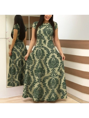 Kadın Kısa Kollu Bisiklet Yaka Puantiyeli Maksi örme Krep Elbise