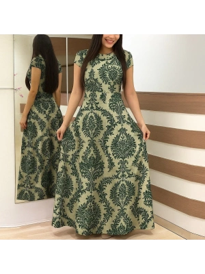 Kadın Kısa Kollu Bisiklet Yaka Puantiyeli Maksi örme Krep Elbise