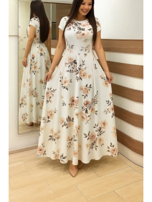 Kadın Kısa Kollu Bisiklet Yaka Puantiyeli Maksi örme Krep Elbise