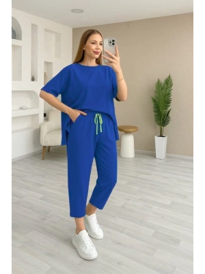 Kadın Kısa Kollu Bisiklet Yaka Viskon Iki Iplik Bluz Ve Pantolon Ikili Takım