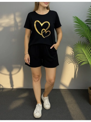 Kadın Kısa Kollu Bisiklet Yaka Viskon Iki Iplik Bluz Ve Short Ikili Takım