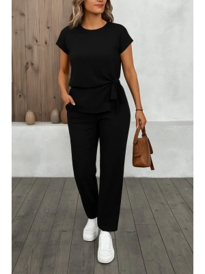 Kadın Kısa Kollu Bisiklet Yaka Yandan Bağlamalı Bürümcük Bluz Ve Pantolon Ikili Takım