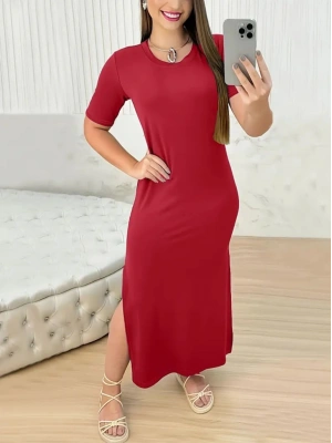 Kadın Kısa Kollu Bisiklet Yaka Yandan Yırtmaçlı Viskon Elbise