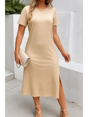 Kadın Kısa Kollu Bisiklet Yaka Yandan Yırtmaçlı Viskon Elbise