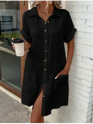 Kadın Kısa Kollu Bisiklet Yaka Yandan Yırtmaçlı Viskon Midi Elbise