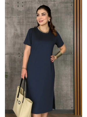 Kadın Kısa Kollu Bisiklet Yaka Yırtmaçlı Viskon Iki Iplik Elbise