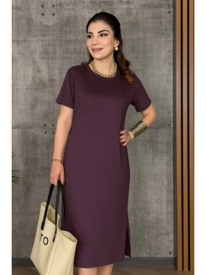 Kadın Kısa Kollu Bisiklet Yaka Yırtmaçlı Viskon Iki Iplik Elbise