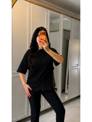 Kadın Kısa Kollu Bisiklet Yakalı Dantel Detaylı Viskon Iki Iplik Bluz