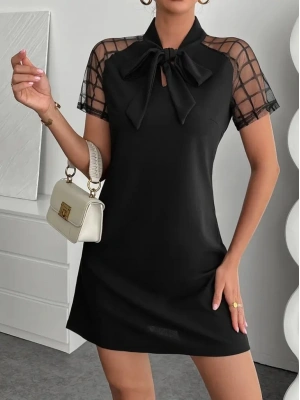 Kadın Kısa Kollu Boyundan Bağlamalı Omuzlarda Tül Detaylı Janjan Krep Elbise