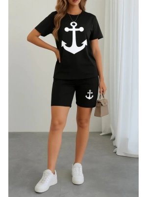 Kadın Kısa Kollu çapa Baskılı Viskon Ikili Takım