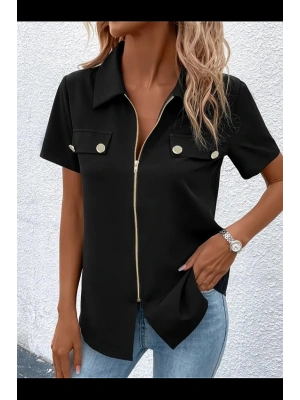 Kadın Kısa Kollu Ceket Yaka önü Fermuarlı Cep Detay Kısa Kol Ithal Krep Bluz