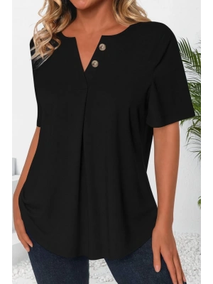 Kadın Kısa Kollu çentikli V Düğme Detaylı V Yaka önden Pileli Ithal Keten Bluz