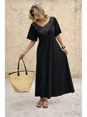Kadın Kısa Kollu Dantel Güpür Detay V Yaka Maxi Boy Elbise
