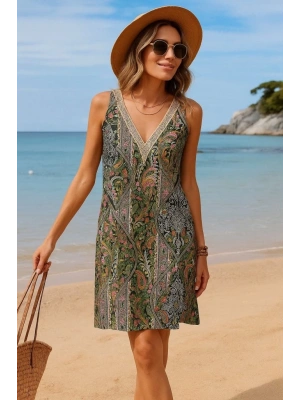 Kadın Kısa Kollu Dantel V Yakalı Desenli Süprem Elbise