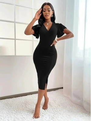 Kadın Kısa Kollu Derin Dekolte V Yakalı Yırtmaçlı Midi Janjan Krep Elbise