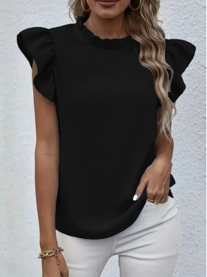 Kadın Kısa Kollu Fırfır Yakalı Bürümcük Bluz