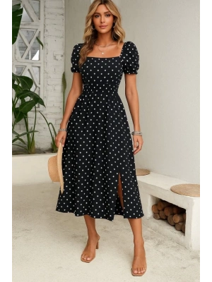 Kadın Kısa Kollu Geometrik Yaka Yırtmaçlı Puantiyeli Midi örme Krep Elbise