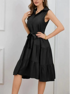 Kadın Kısa Kollu Gömlek Yaka Düğmeli Beli Kuşaklı Katlı Dokuma Midi Elbise