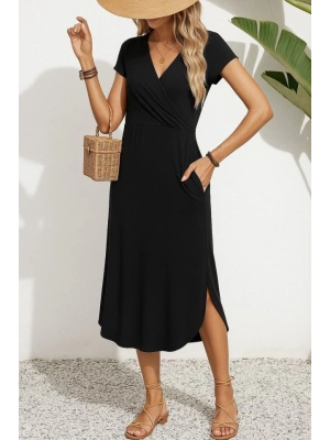 Kadın Kısa Kollu Hakim V Yaka Viskon Elbise