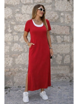 Kadın Kısa Kollu Içi Atlet Görünümlü Yandan Yırtmaçlı Uzun Viskon Elbise