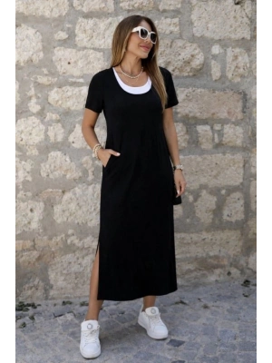 Kadın Kısa Kollu Içi Atlet Görünümlü Yandan Yırtmaçlı Uzun Viskon Elbise