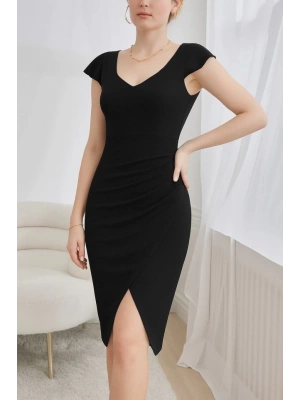 Kadın Kısa Kollu Kalp Yaka Yanlardan Büzgü Detay Midi Janjan Krep Elbise